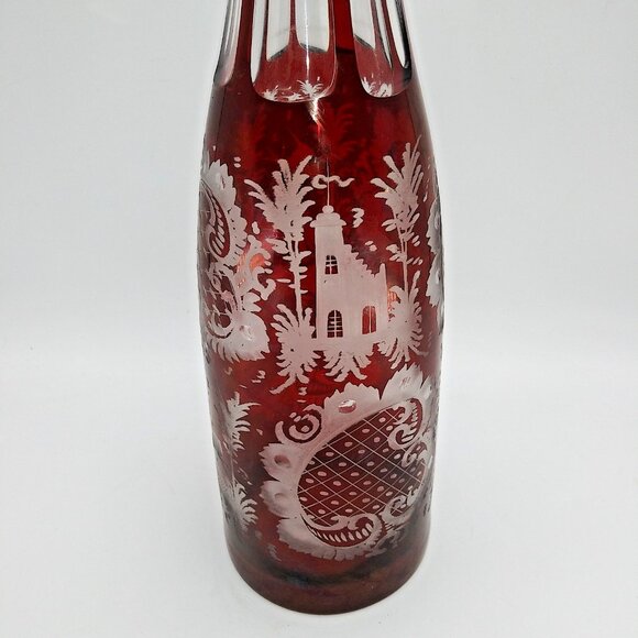Czechoslovakia 15" Decanter Christmas Holiday Cranberry Red Crystal Cut to clear - Picture 9 of 10
